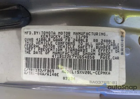 2000 Toyota Camry Le из США, поврежденный, VIN 4T1BG22K7YU654850